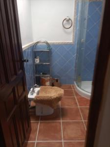La salle de bains bleue est pourvue d'un lavabo et d'une douche. dans l'établissement Apartamento en El Golco, à Golco