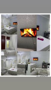 a collage of photos of a living room with a fireplace at Chillhaushomes in Mombasa
