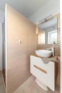y baño con lavabo y espejo. en Apartments Grahek en Liubliana