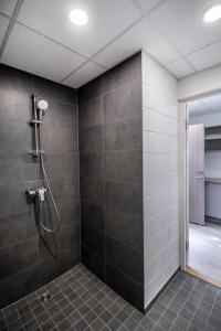 a bathroom with a shower with gray tiles at Krati Üürikorterid ja Hostel in Petrikyula