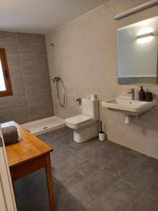 a bathroom with a toilet and a sink and a shower at Cal Vallverdú 2D in Preixana