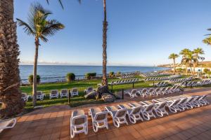 a row of chairs and palm trees and the ocean at Grupotel Orquidea in San Agustin