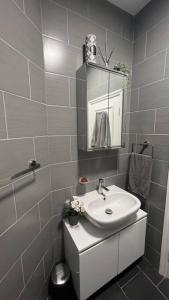 a bathroom with a sink and a mirror at Peaceful bright city hide away with parking in London