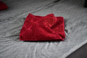 cuscino rosso posto sopra un letto di Pokój w apartamencie dwupokojowym ze współdzieloną kuchnią i łazienką a Gdynia Altre 6 foto