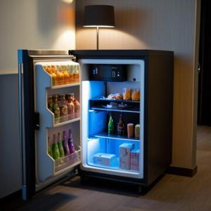 - un petit réfrigérateur avec une porte ouverte dans la chambre dans l'établissement 2bed house in Vauxhall, à Londres