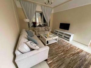 een woonkamer met een bank en een tv bij deluxe apartment closed to beach in Sharjah