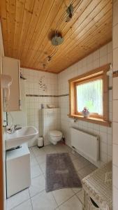 uma casa de banho com um lavatório, um WC e uma janela. em Ferienhaus-Burg em Celle