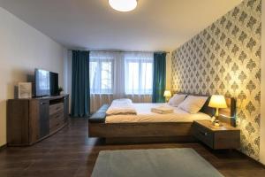 1 dormitorio con 1 cama grande y TV en Apartment Queen Bridge, en Sibiu