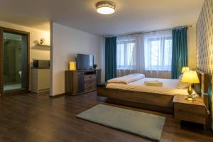 Un dormitorio con una cama grande y una ventana en Apartment Queen Bridge en Sibiu