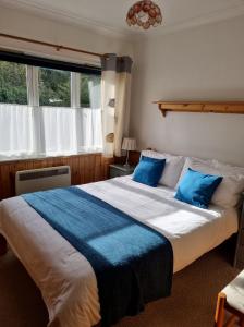 a bedroom with a large bed with blue pillows at River Edge Lodges in Perth