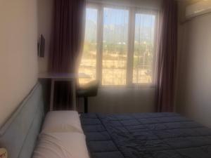 1 dormitorio con cama y ventana grande en Smart Lugano Apartment, en Tirana