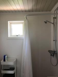 a bathroom with a shower curtain and a window at Agunnaryd village holiday home - close to lake in Agunnaryd +34 photos