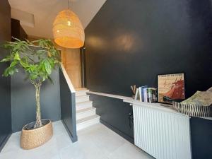 a hallway with a potted plant and a staircase at Maison Particulière au Bono in Le Bono