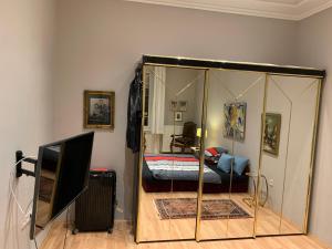 a room with a bed in a glass enclosure at Budapest, Graf Teleki Laszlo Appartement in Budapest