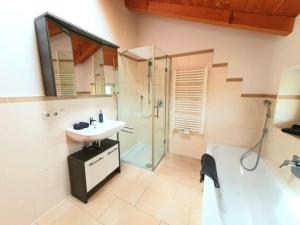 uma casa de banho com um lavatório e uma cabina de duche em vidro. em Ferienwohnung Chiemseezauber 