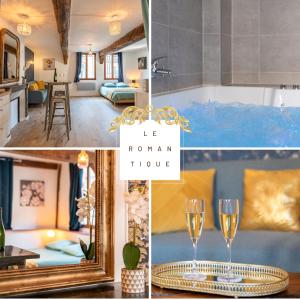 un collage de fotos de una habitación con bañera y espejo en Le Romantique jacuzzi centre ville, en Rouen