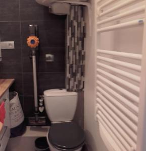 uma casa de banho com um WC e um chuveiro em locmiquélic petite maison de pêcheur em Locmiquélic