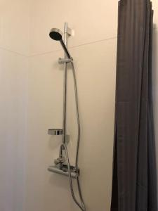 a shower in a bathroom next to a curtain at Agundaborg boathouse close by lake in Agunnaryd