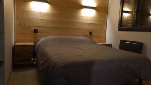 1 dormitorio con 1 cama con 2 mesitas de noche y 2 luces en Le Toit du Cambre d'Aze, en Saint-Pierre-dels-Forcats