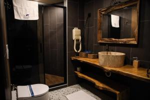 a bathroom with a sink and a toilet and a mirror at MAVİ AT HOTEL Blue Horse in Gümüşdere