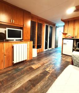 een woonkamer met houten vloeren en een flatscreen-tv bij Ferme de Samson in Saint-Péray