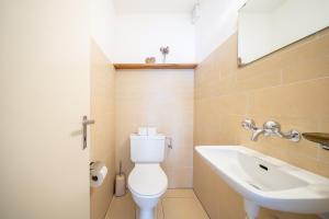 La salle de bains est pourvue de toilettes et d'un lavabo. dans l'établissement 2205 Schoen eingerichtete Wohnung mit stilvollem Flair, à Vulpera