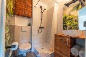 a bathroom with a toilet and a sink and a shower at Sympathique appartement au pied du Futuroscope in Jaunay-Marigny