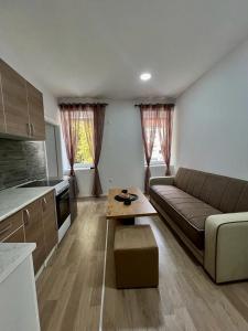 ein Wohnzimmer mit einem Sofa und einem Tisch in der Unterkunft Apartmani Edo in Stolac