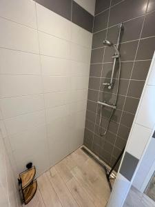 a shower in a bathroom with a tile wall at .Le Grand Suffren. Maison familiale La Pironnière in La Pironnière +10 photos