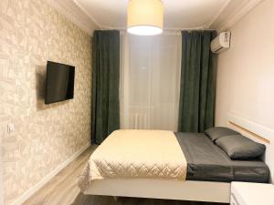 キシナウにあるCentral City 1 Bedroomのベッドと壁掛けテレビのある寝室