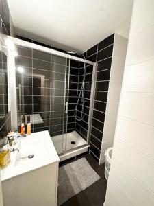 La salle de bains est pourvue d'une douche, d'un lavabo et de toilettes. dans l'établissement L’Esquile Rose - Charmant studio en hypercentre, à Toulouse