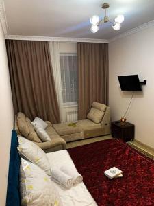 uma sala de estar com um sofá e uma televisão em 1-комнатная квартира посуточно em Taldykolʼ
