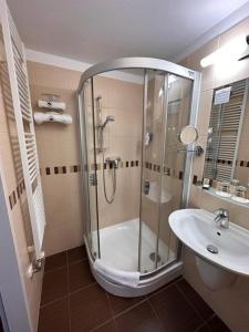 a bathroom with a shower and a sink at Hotel Famulus in Győr