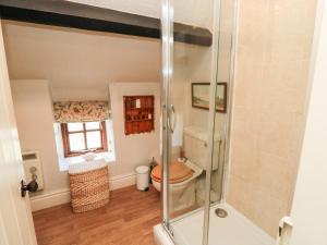 a bathroom with a toilet and a shower at Holly Cottage in Whitby +9 photos