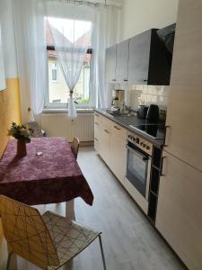 Ammendorf的住宿－Halle Saale 402，一个带桌子和窗户的小厨房