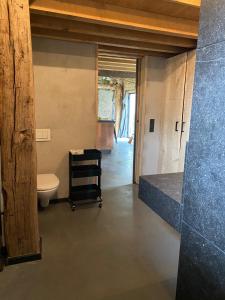 La salle de bains est pourvue d'un lavabo et de toilettes. dans l'établissement Hoeve Appartement aan de rand van Maastricht met natuurzwembad, à Berg en Terblijt