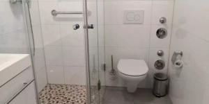 uma casa de banho com um WC e uma cabina de duche em vidro. em Traumhafte Ferienwohnung mit drei Schlafzimmer em Biebrich