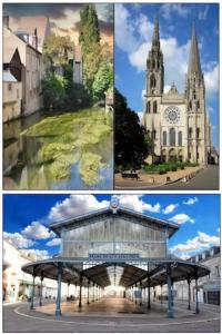 un grupo de tres fotos de una iglesia en Le p'tit Beauce au Cœur de Chartres, en Chartres