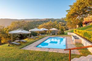 a swimming pool with chairs and umbrellas on a lawn at Chestnut Country Lodge in Hazyview