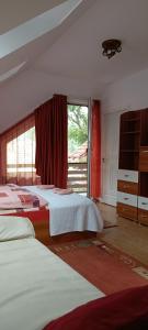 1 dormitorio con 2 camas y ventana en Pasager House, en Sovata