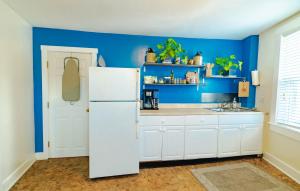 a kitchen with blue walls and a white refrigerator at East end. Walk to food, beer and downtown fun. in Portland