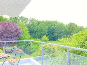 a balcony with two chairs and a view of trees at One Bedroom Apartment In Groensee, Stubbenrode in Großensee