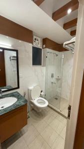 La salle de bains est pourvue de toilettes, d'un lavabo et d'une douche. dans l'établissement Neel Skye - Couple Friendly - DLF My Pad, Gomtinagar , Lucknow, à Lucknow