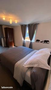 a bedroom with a large bed with animals on the wall at TI KAZ PIROGUE in L'Étang-Salé les Bains
