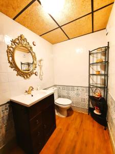 bagno con lavandino, servizi igienici e specchio di Els Orgues de Benitandús ad Alcudia de Veo