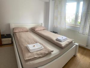 um quarto com 2 camas e uma janela em Apart Deby em Satu Mare