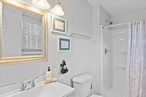 a bathroom with a sink and a toilet and a mirror at Beachy Getaway - Cozy and Secluded Lodge Home in Knightdale +31 photos