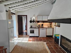 a kitchen with white appliances and a brick floor at Los Pozos de la Nieve in Constantina