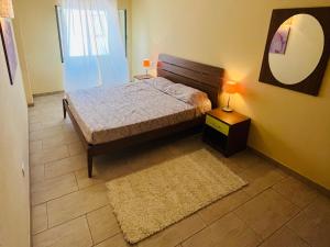a bedroom with a bed and a mirror and a rug at Cozy Apartment with Pool, near Beach and Center in Santa Maria