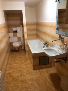 een badkamer met een bad, een wastafel en een toilet bij U Gerešů in Zadov